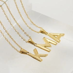 18K gold plated stainless steel initial necklaces featuring letters K, M, and A on fine chains