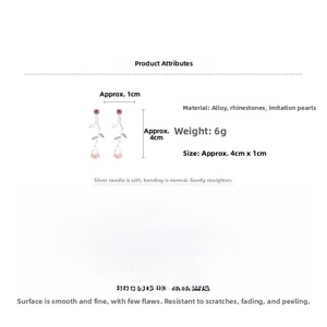 Detailed specs of pink rose drop earrings with silver needles, pearls and rhinestones