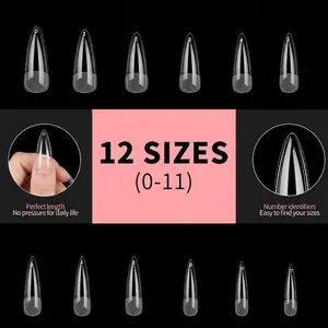 Size chart for 550pcs long almond false nail tips showing 12 sizes from 0 to 11 in inches