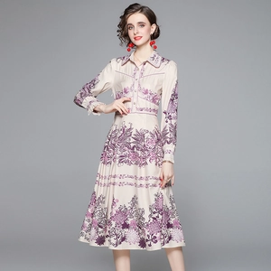 Elegant beige floral midi dress with purple floral patterns and a classic shirt collar