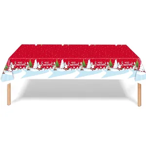 Waterproof red Christmas tablecloth with white polka dots and festive holiday graphics