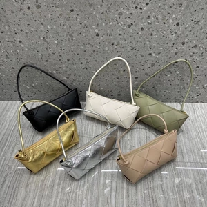 Detailed collection of woven leather handbags in black, white, green, gold, and silver finishes