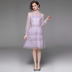 Elegant purple lace embroidery dress with long sheer sleeves and tiered mesh skirt layers