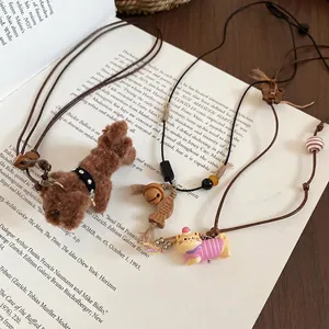 Cute Cartoon Animal Pendant Necklace Plush Puppy Cat Wooden Fish Long Cord Chain Kawaii Jewelry For Women