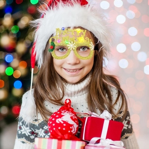 Luminous gold glitter Christmas glasses with Merry Christmas sign for kids and parties