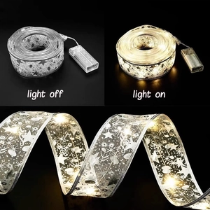 Detail showing the ribbon LED lights on and off with silver snowflake patterns