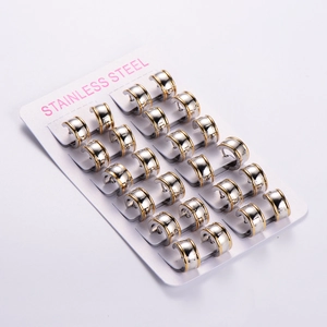 Set of 12 pairs of two-tone stainless steel hoop earrings on display card