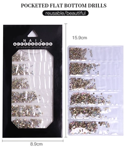 Detail view of 6-row rainbow glass flat bottom nail rhinestones with size dimensions