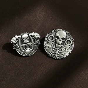 Vintage punk skull metal brooches with biker and weapon designs for Halloween style