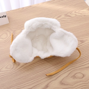 Winter yellow toddler trapper hat with warm white faux fur lining and earflaps