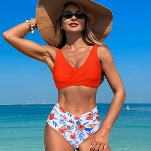 Damen Zweiteiliger Bikini Set Nylon Hohe Taille Blumendruck Badeanzug Mit Kreuz V-Ausschnitt Gepolstertem Oberteil Sexy Strand Urlaub Bademode