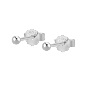 Macro shot of S925 sterling silver ball stud earrings featuring a butterfly clasp and hallmark