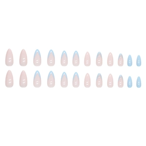 Almond-shaped French tips with light blue and nude pink glossy finish press-on nails