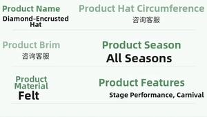 Detailed spec sheet showing felt rhinestone sun hat materials for stage and beach use