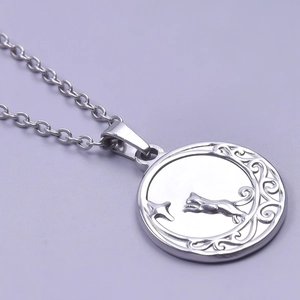 Macro shot of silver stainless steel pendant featuring engraved cat and star patterns