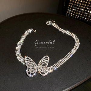 Sparkling butterfly pendant choker necklace with full rhinestone crystals on silver band