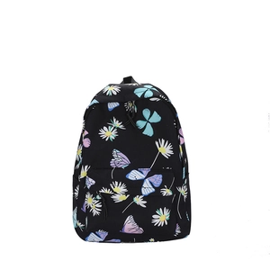 Fashionable black backpack with daisy and butterfly prints, featuring front zipper pocket