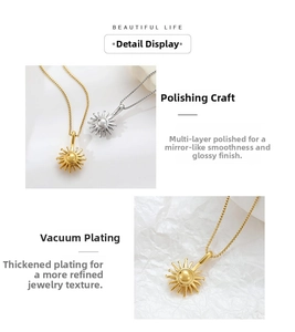 Detailed view of polished sunburst pendant with vacuum plating on a cross chain
