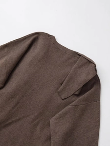 Close-up of the dark brown fine knit neckline and shoulder texture on a short coat