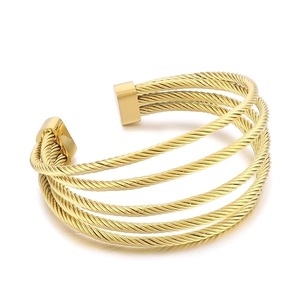 Multi-layer golden stainless steel twisted cable cuff bracelet with an open C-shape design
