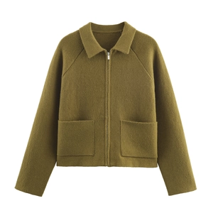 Giacca In Maglia Con Cerniera Da Donna Colletto A Revers Maniche Lunghe Casual Minimalista Verde Oliva Maglione Con Tasche