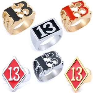 Retro Number 13 Stainless Steel Ring For Men Punk Biker Enamel Square Signet Jewelry Gothic Hip Hop Gift