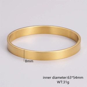 Detail view of 8mm gold brushed stainless steel bangle with dimensions and weight
