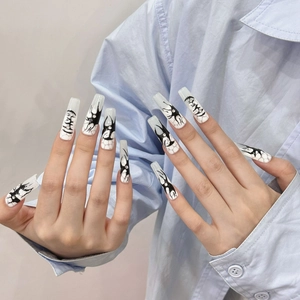 Handmade Gothic long coffin press-on nails with black graffiti and crystal rhinestones