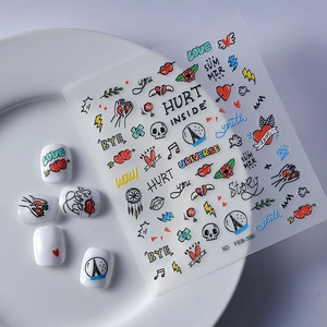 5D embossed graffiti nail stickers with hearts and letters FEB-390 on white nails