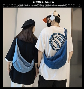 Denim crossbody bags shown on male and female models in light and dark blue wash