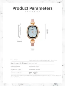 Dimensions détaillées de la montre quartz en or rose avec bracelet en cuir rose