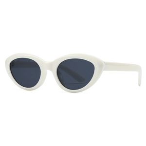 Modern oval cat-eye sunglasses with marble white frames and dark grey lenses for women