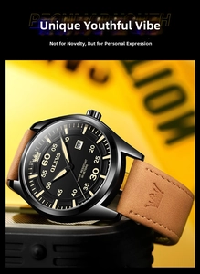 Detail of OLEVS quartz watch with black gold dial and brown leather strap on creative background