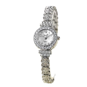 Elegant women's silver quartz watch with full crystal rhinestones and leaf-shaped band