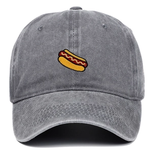 Casquette de baseball en coton lavé gris foncé avec broderie de hot-dog de haute qualité