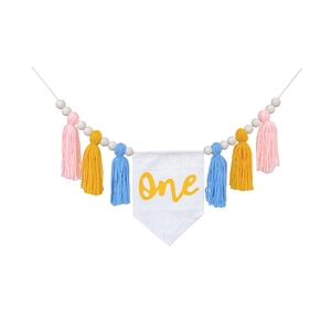 Nordic style one birthday banner with wood beads and colorful tassels for high chair