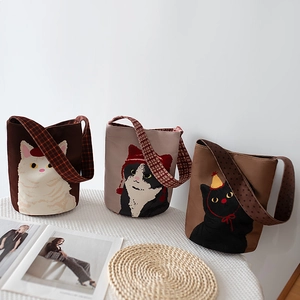 Women Bucket Bag Polyester Cloth Handheld Underarm Bag With Plaid Strap Cartoon Cat Pattern Versatile Casual