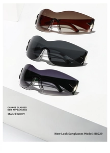 Close-up of Y2K rimless sunglasses featuring silver star metal hinge detail and wave lenses