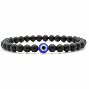 Handmade 6mm black volcanic lava beads bracelet featuring a blue Turkish evil eye charm