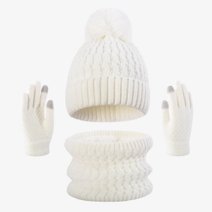 Three-piece winter knit set for kids featuring warm hat, scarf, and touch-screen gloves