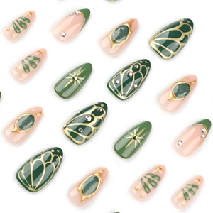 Luxury emerald and nude 3D almond press-on nails with bohemian gold and gem details