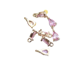 Set of six pink teardrop glass pendants with gold-plated frames for DIY jewelry making