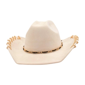 Detail of cream cowboy hat with gold chain accents and premium felt texture