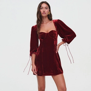Velvet Mini Dress Backless Lantern Long Sleeve Hollow Out Sexy Bodycon Clubwear Tie Up Cuffs For Women
