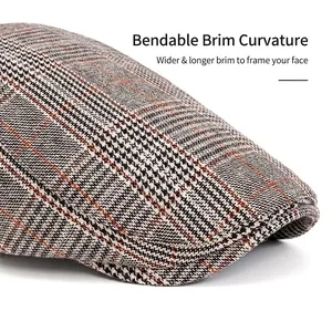 Plaid newsboy flat cap with a foldable wide brim for face-shaping effect