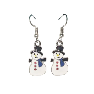 Detailed view of snowman drop earrings with white enamel and blue scarf accents