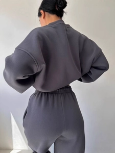 Dark grey oversized crewneck sweatshirt and elastic jogger two-piece set for women