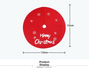 Detail of red Merry Christmas tree skirt with snowflake embroidery and 122cm diameter size