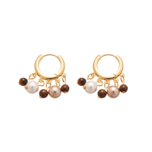 18k gold plated hoop earrings with tiger eye beads and pearls on white background