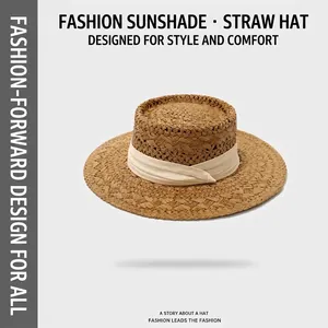 Chapeau de paille français à sommet plat avec ruban crème pour protection solaire d'été